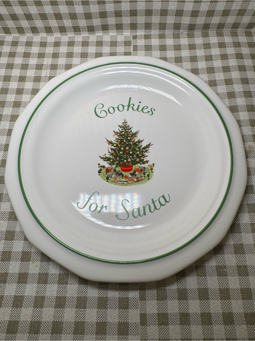 Pfaltzgraff White Plate with Green Trim and Christmas Tree Motif
